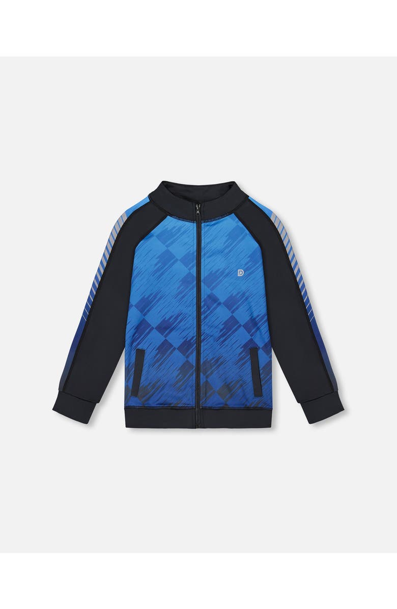 Deux par Deux Little Boy's Printed Full Zip Athletic Cardigan Blue And Black, Main, color, Blue And Black