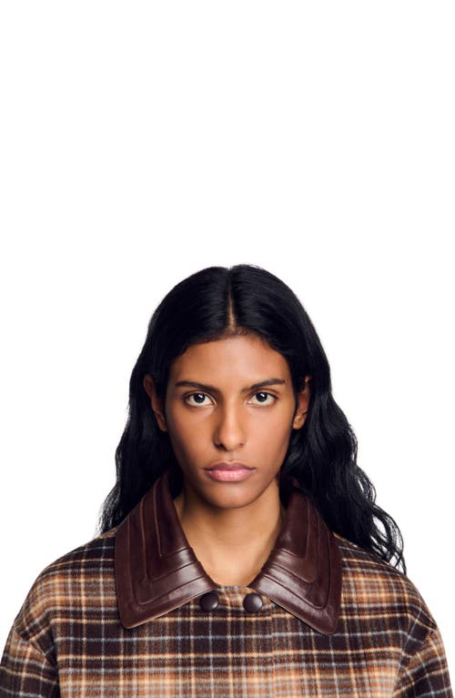 Sandro Check Coat With Leather Collar In Brown