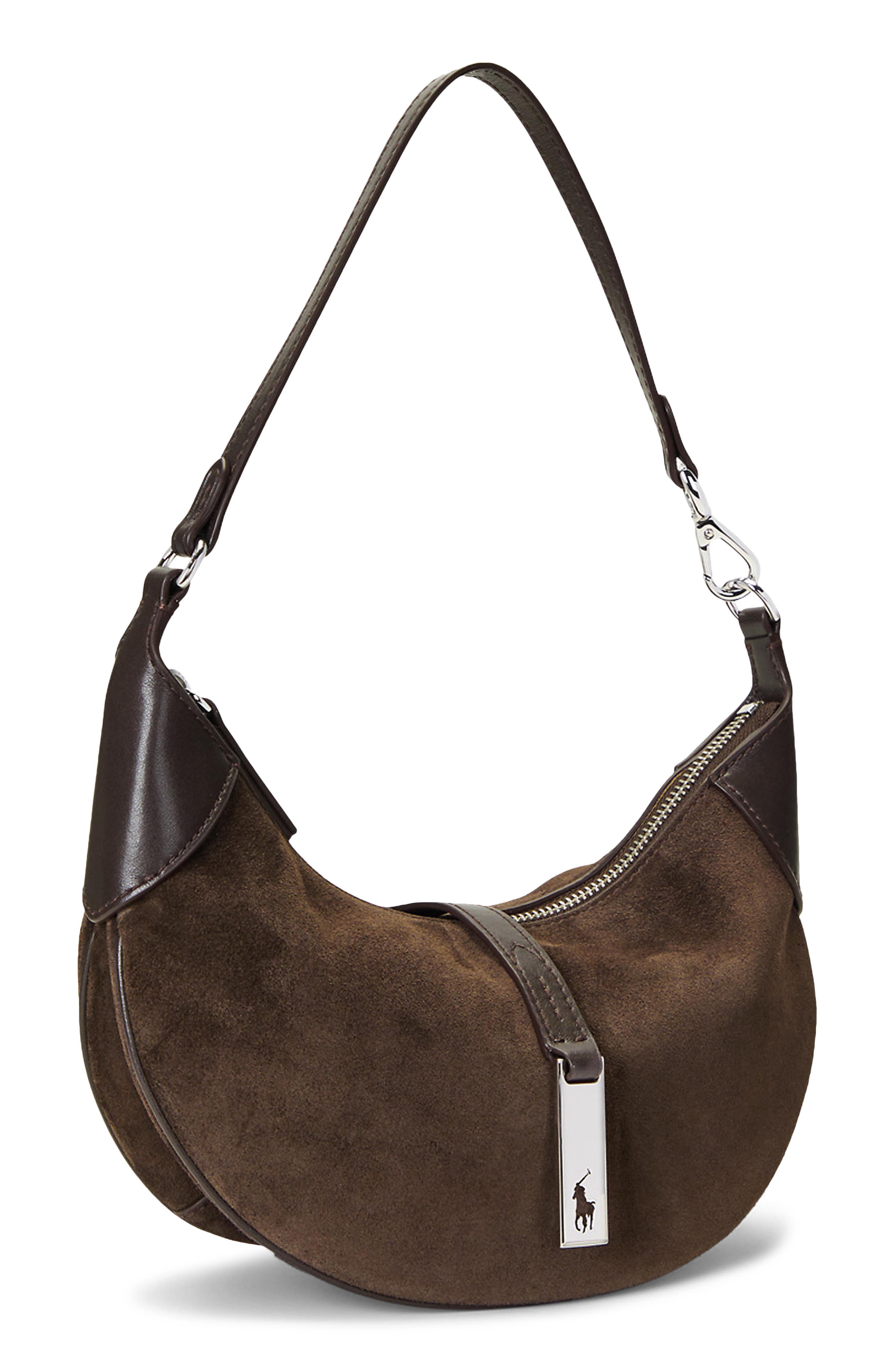 Polo ID Mini Suede & Leather Shoulder Bag, Alternate, color, BROWN
