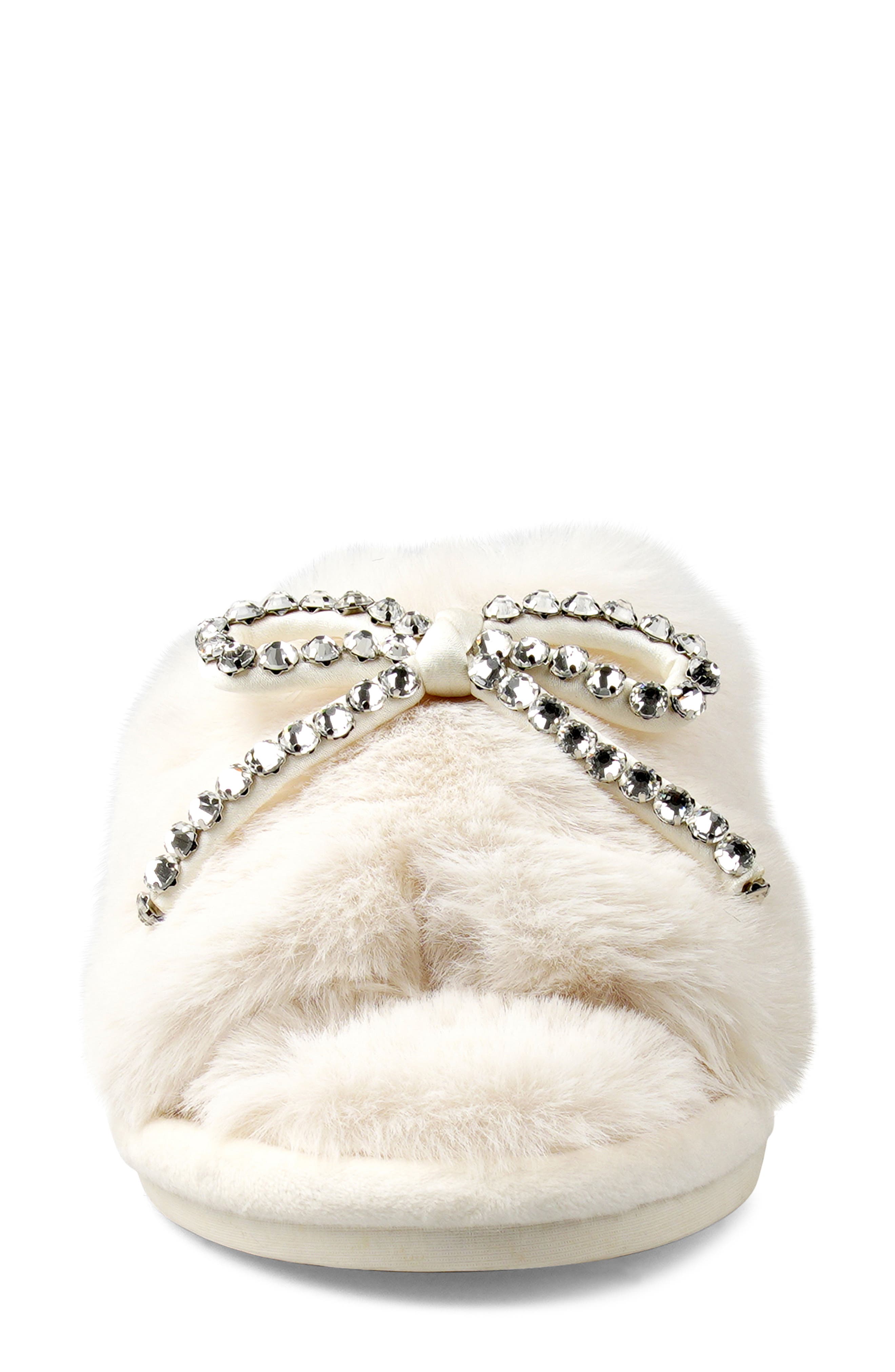 Franney Bow Embellished Faux Fur Slipper, Alternate, color, OFF WHITE