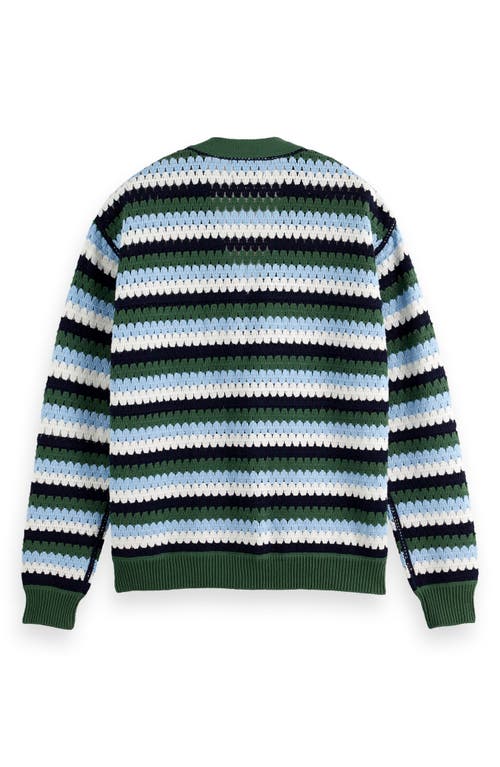 Scotch & Soda Men's Loose-fit Crocheted Stripe Cardigan In Sage Green Multi Stripe