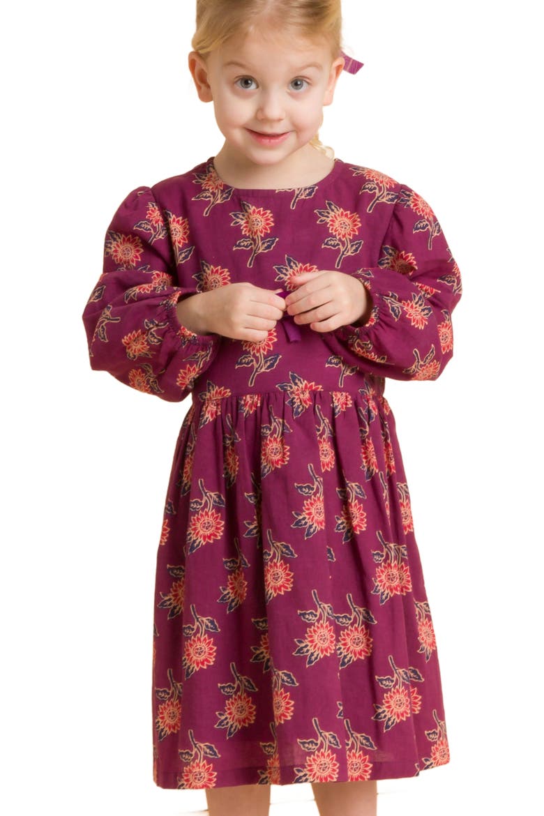 Girls' Long Sleeve Dress with Floral Motif, Main, color, Purple & Red