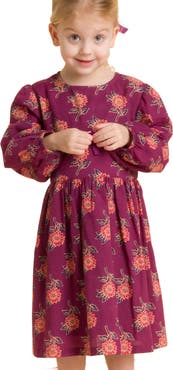 Beet World Girls' Long Sleeve Dress with Floral Motif