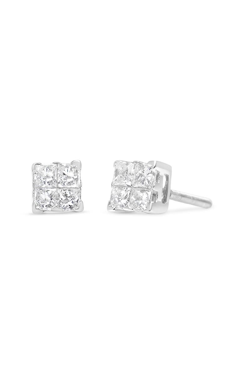 Haus of Brilliance Silver 5/8 Ct Princess Diamond Invisible Quad Composite Stud Earrings, Main, color, White