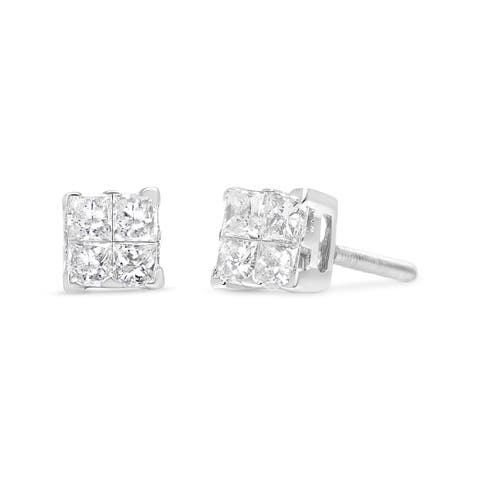 Silver 5/8 Ct Princess Diamond Invisible Quad Composite Stud Earrings