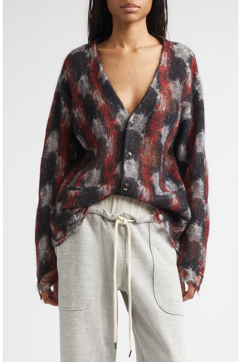 Distressed Kid Mohair & Merino Wool Blend Boyfriend Cardigan, Main, color, RED/ BLACK/ WHITE
