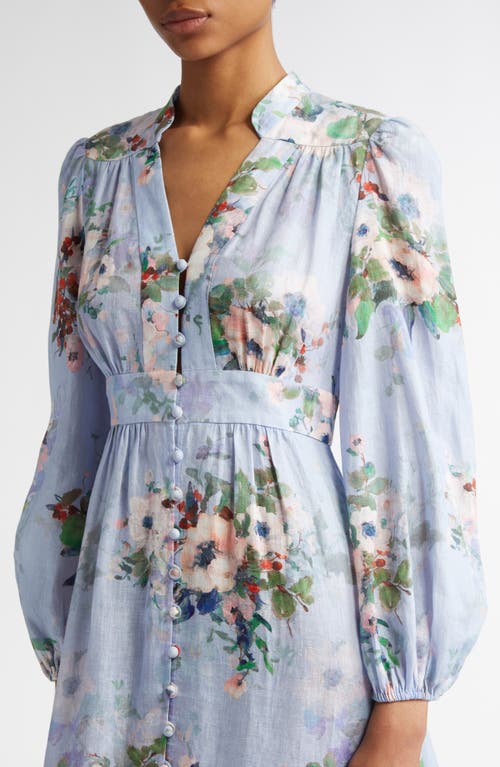 Zimmermann Everley Midi Light Blue Multicolor Dress In Light Blue Watercolour Floral
