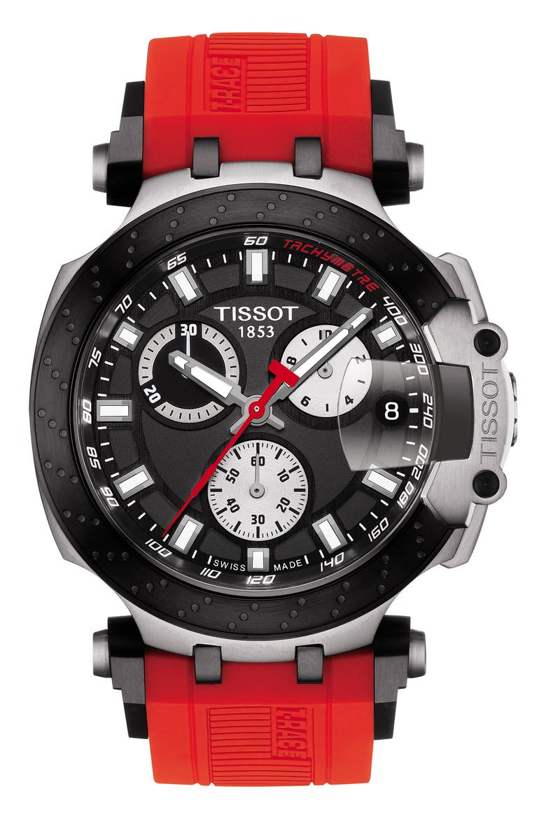 T-Race Chronograph Silicone Strap Watch, 48mm, Main, color, RED/ BLACK/ SILVER