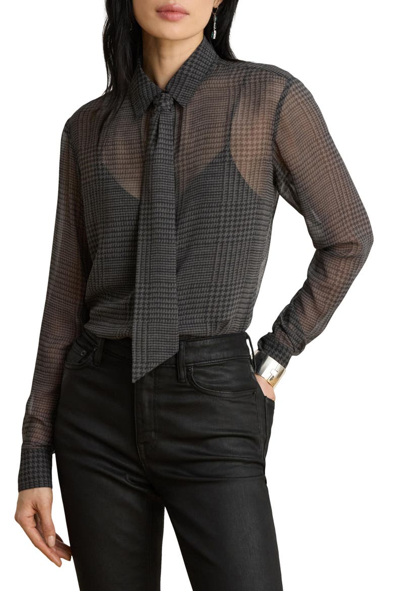 Tie Neck Glen Plaid Chiffon Shirt, Main, color, GREY