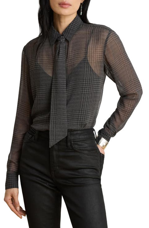 Tie Neck Glen Plaid Chiffon Shirt