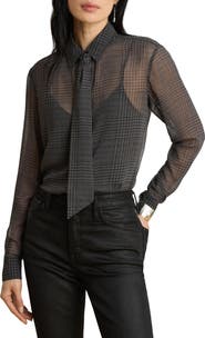 Lauren Ralph Lauren Tie Neck Glen Plaid Chiffon Shirt