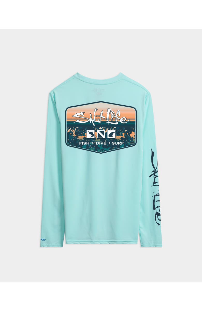 Salt Life Liquid Depth Badge Long Sleeve SLX Performance Tee, Alternate, color, Lt Aruba Heather