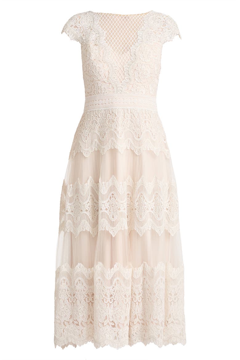 Lace & Mesh Midi Dress, Alternate, color, IVORY/ PETAL