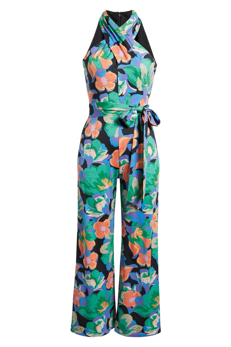 Print Twist Neck Tie Waist Wide Leg Jumpsuit, Alternate, color, BLACK/ GREEN/ ORANGE MULTI