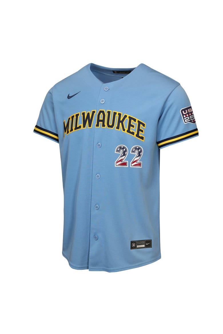 Youth Nike Christian Yelich Light Blue Milwaukee Brewers USA 250 Fourth of July Road Replica Jersey, Alternate, color, Light Blue