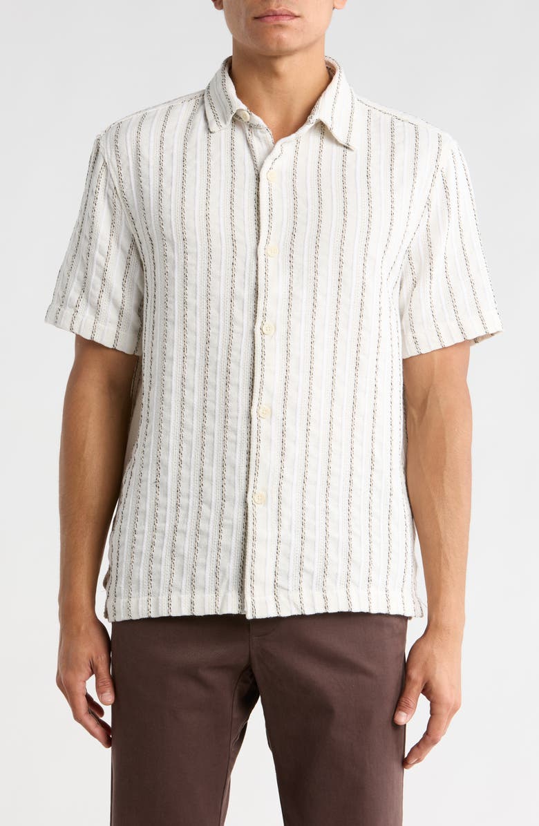 DENIM AND FLOWER Relaxed Fit Stripe Short Sleeve Button-Up Shirt, Main, color, Cream