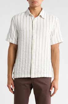 DENIM AND FLOWER Relaxed Fit Stripe Short Sleeve Button-Up Shirt