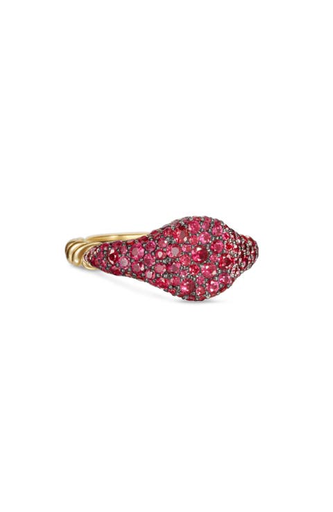 Petite Pavé Pinky Ring 18K Yellow Gold with Pink Sapphires, 7mm