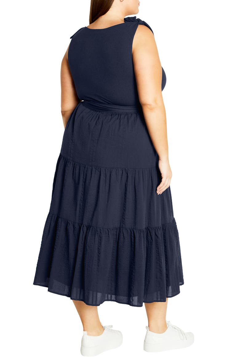 Hallie Mixed Media Tiered Midi Dress, Alternate, color, NAVY