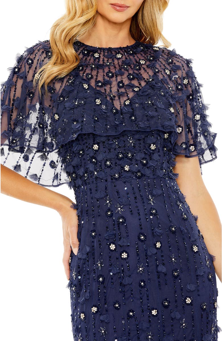 Mac Duggal Women's Embellished Illusion Cape Sleeve Trumpet Gown, Alternate, color, Midnight