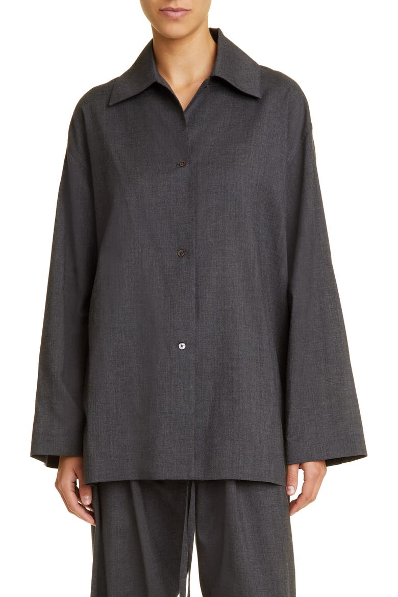 Rigel Silk & Cotton Button-Up Shirt, Main, color, DARK GREY