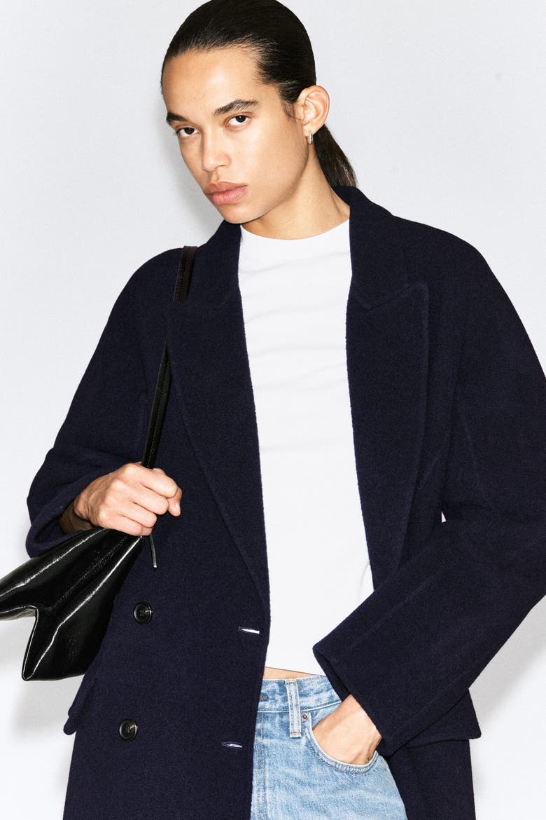 Tailored Double-Faced Wool Long Coat, Alternate, color, NAVY