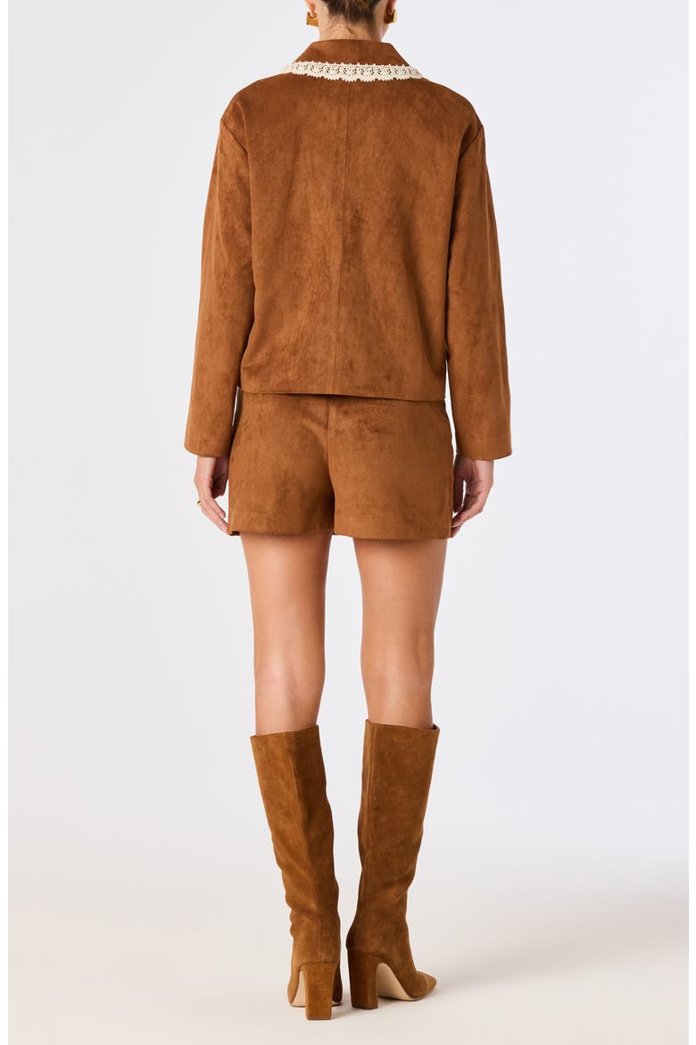 Gavriella Lace Trim Faux Suede Jacket, Alternate, color, CAMEL
