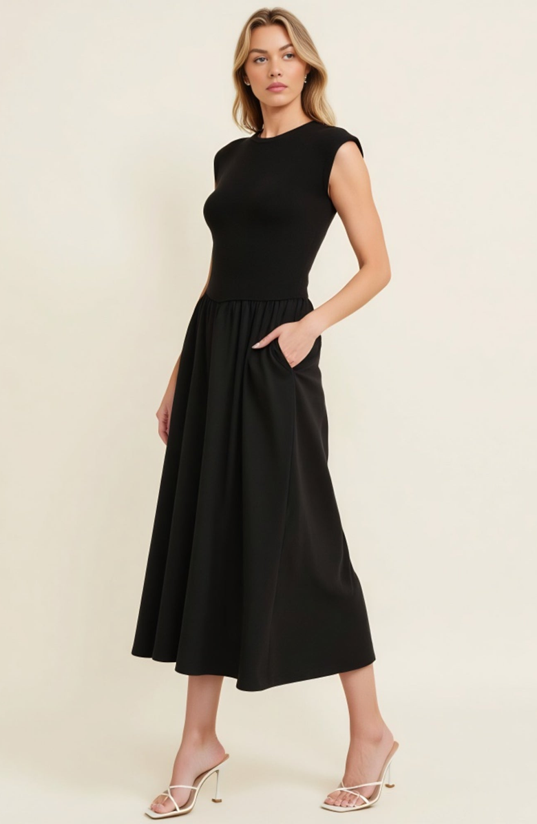 Modenaire Cap Sleeve Fitted Bodice Dress with Gathered Midi Skirt and Pockets, Alternate, color, Black