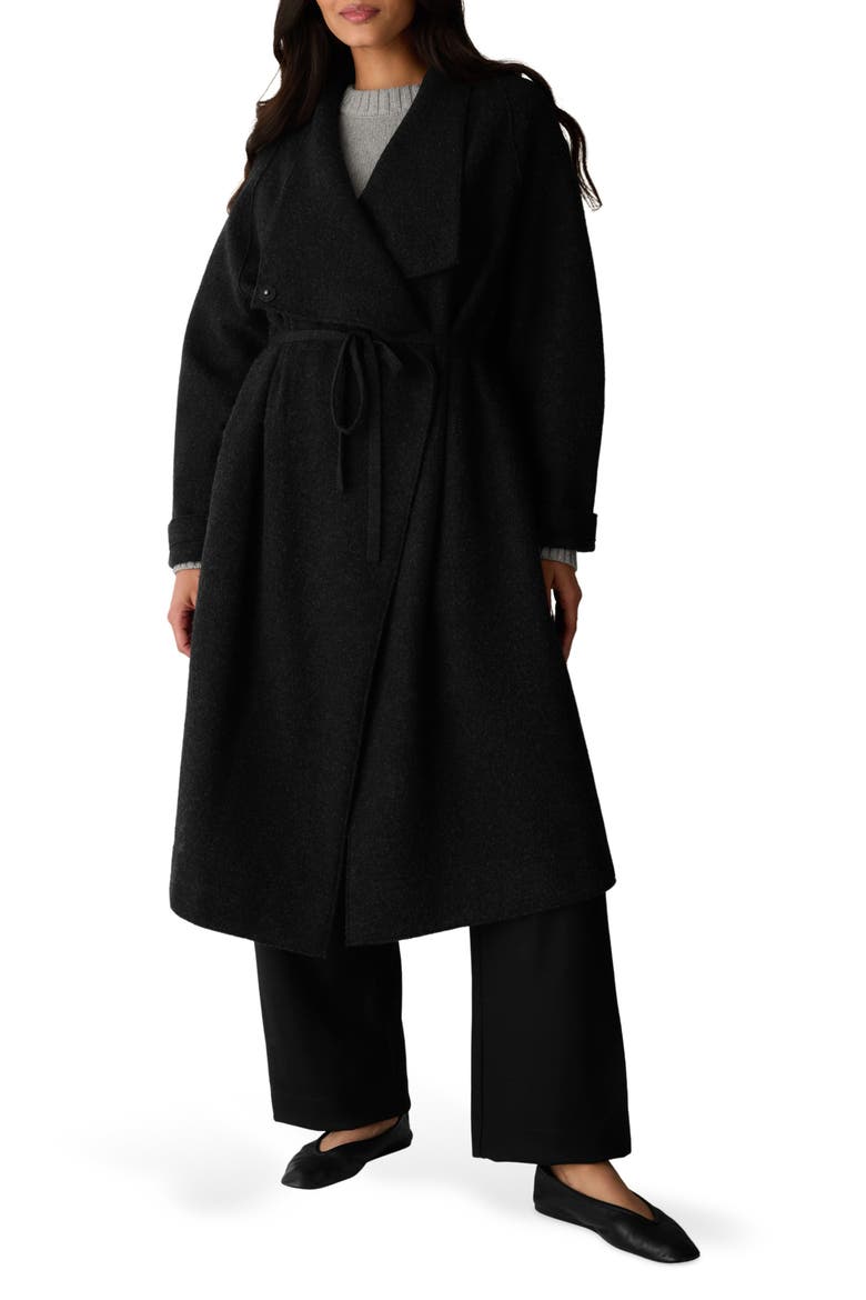 Wing Collar Tie Waist Wool Coat, Main, color, CHARCOAL