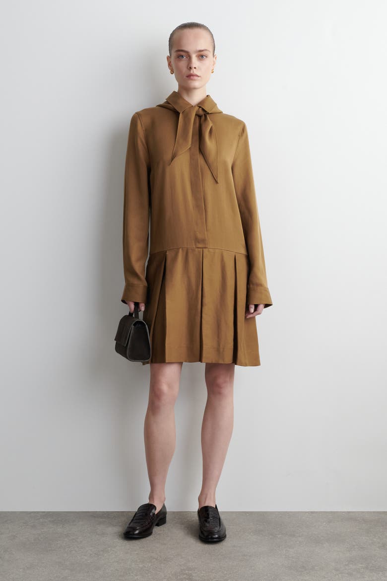 Scarf-Detail Dropped-Waist Mini Dress, Main, color, BROWN