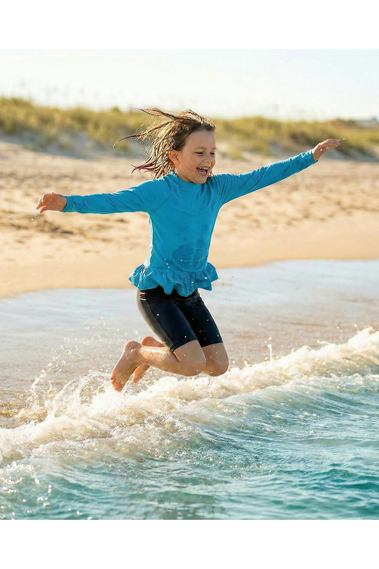 Girls Swim Peplum UPF 50+ Long Sleeve Rashguard Tee, Alternate, color, Teal