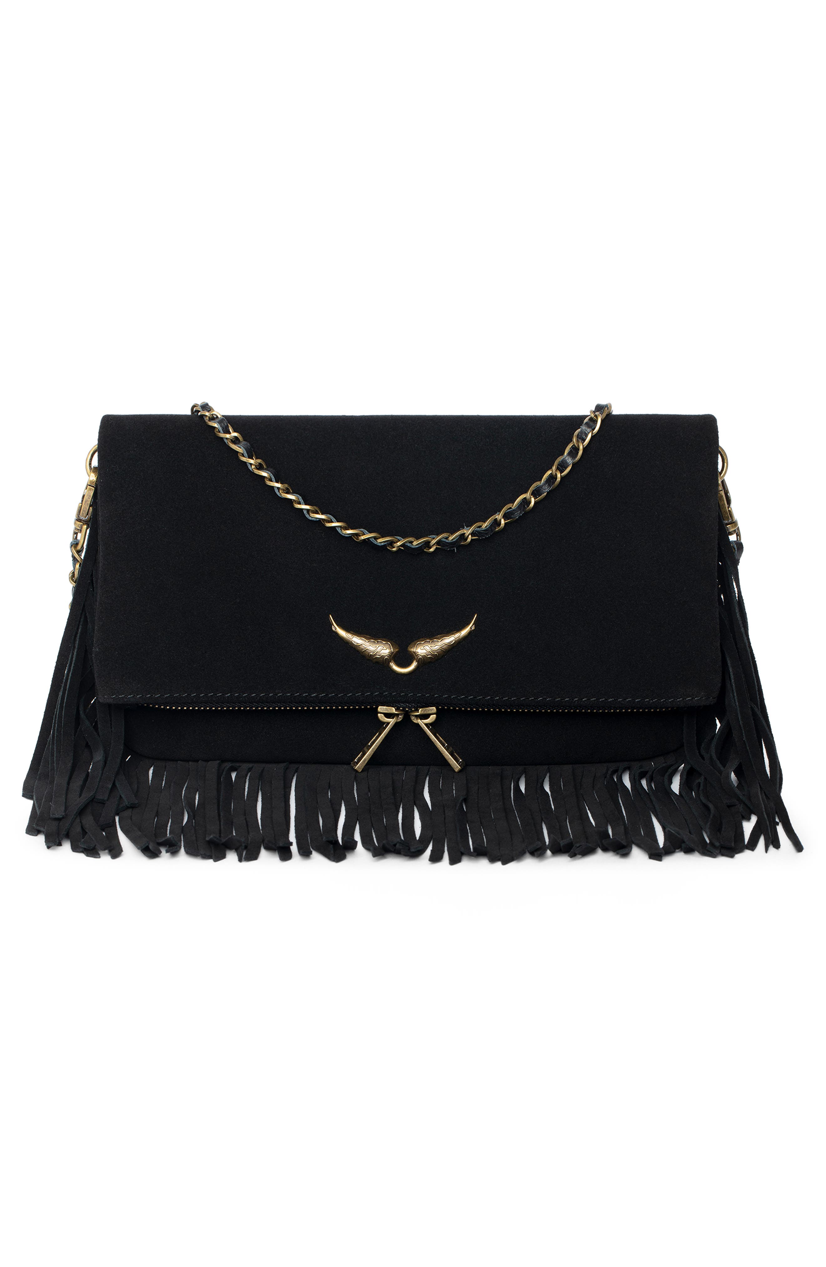 Zadig & Voltaire Rock Suede Fringe Crossbody Bag, Main, color, 