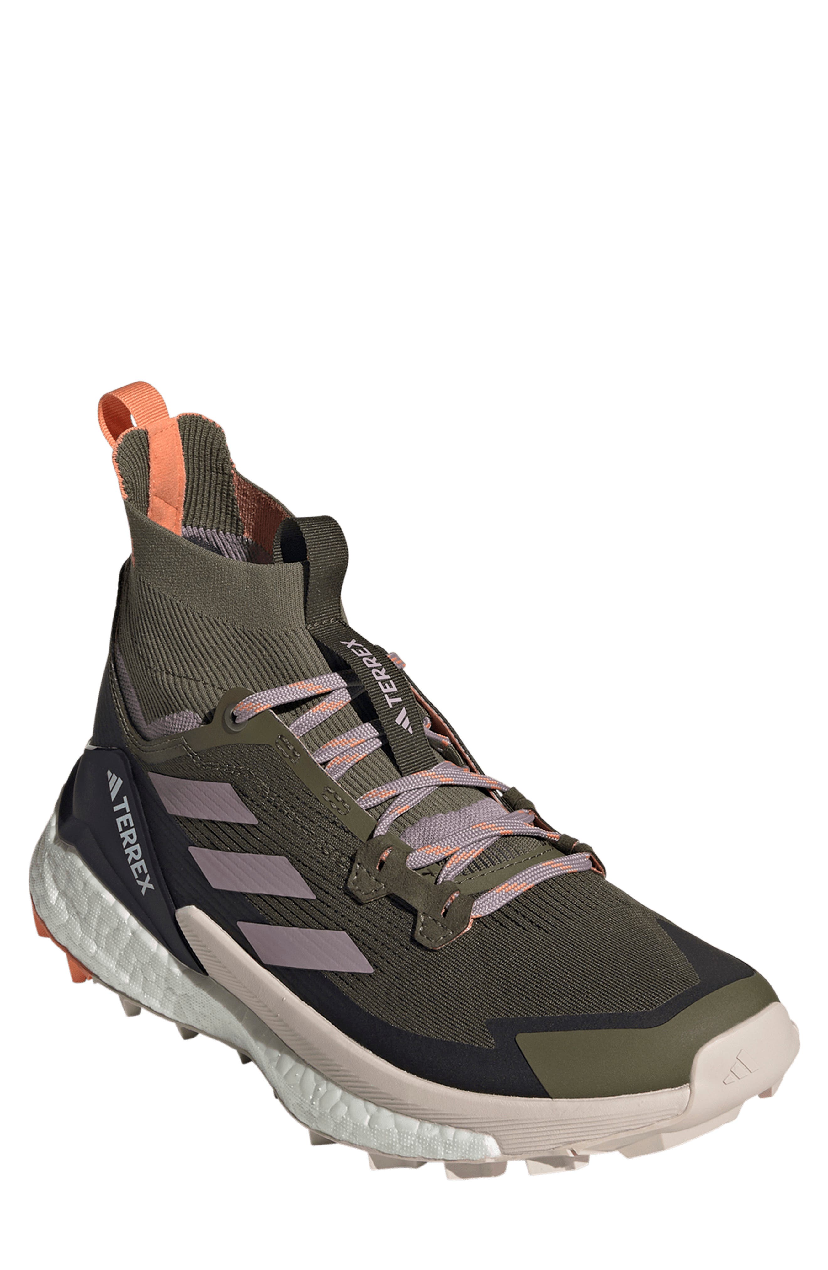 Terrex Free Hiker 2.0 Mid Gore-Tex® Waterproof Hiking Shoe, Main, color, OLIVE/FIG/AMBER TINT