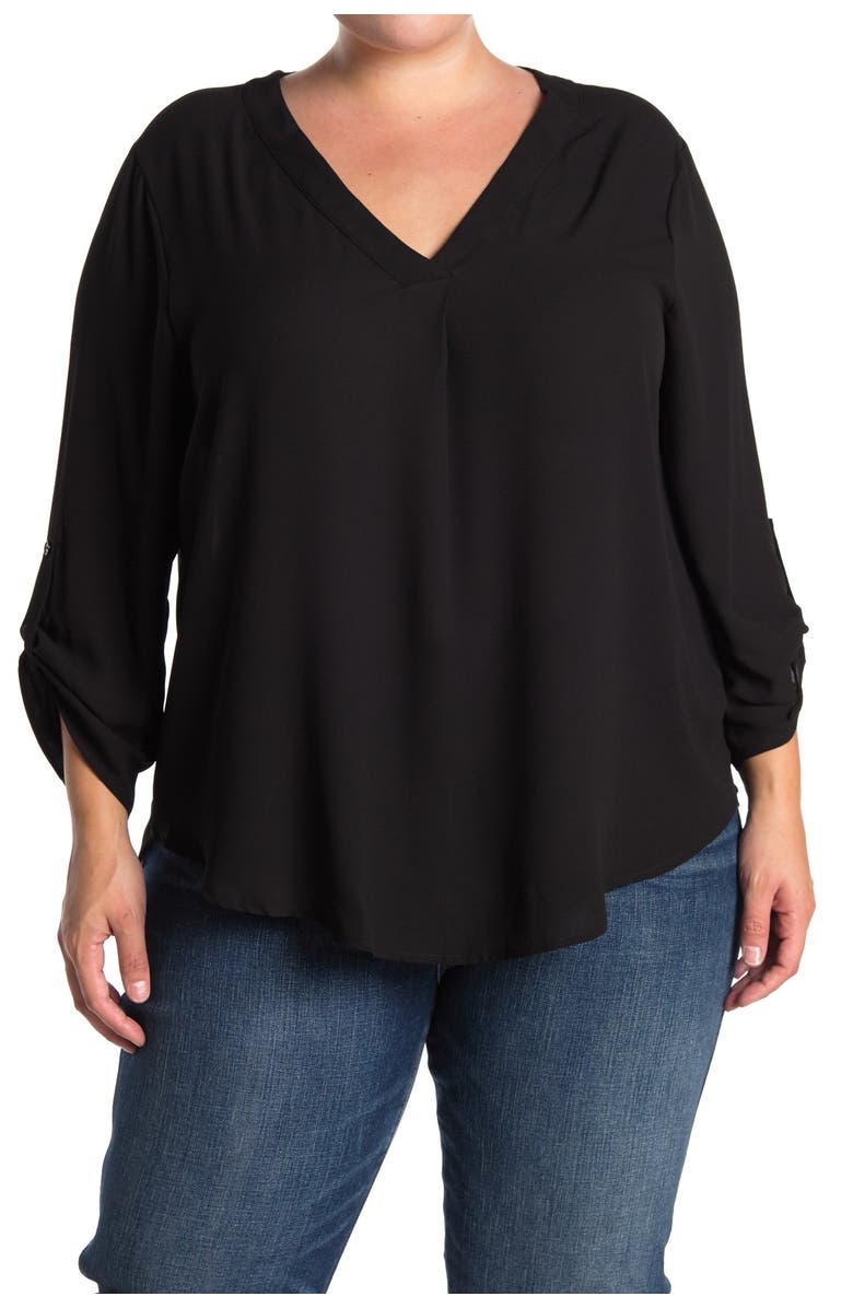 All in Favor V-Neck Roll Tab Sleeve Woven Top, Main, color, 