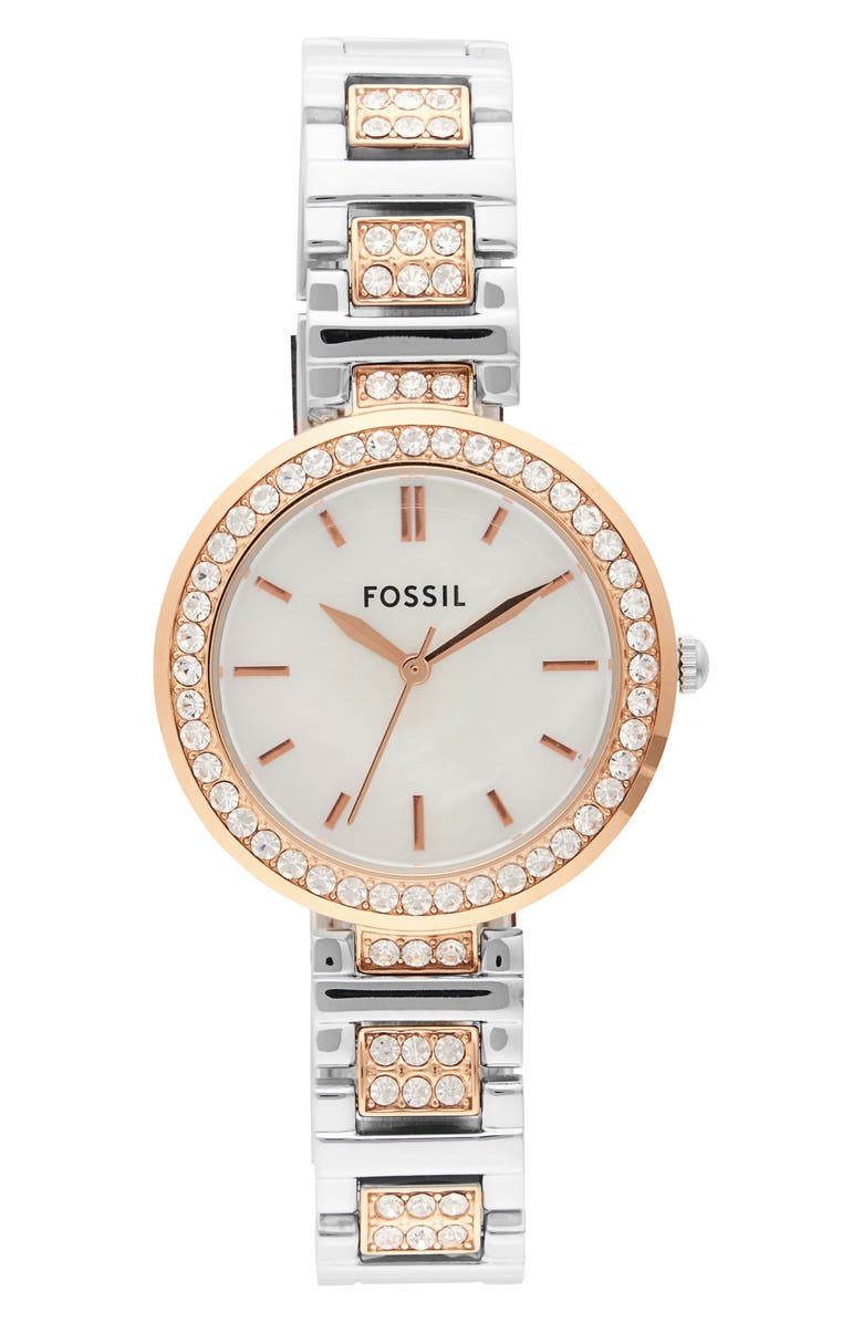 Fossil Karli Crystal Embellished Three-Hand Quartz Bracelet Watch, 34mm, Main, color,