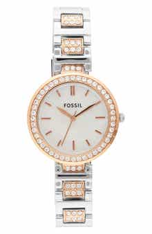 Fossil Karli Crystal Embellished Three-Hand Quartz Bracelet Watch, 34mm