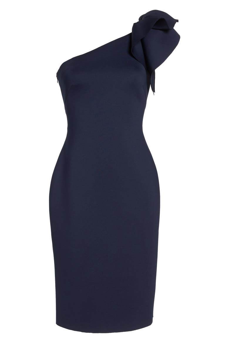 One-Shoulder Ruffle Sheath Cocktail Dress, Alternate, color, NAVY