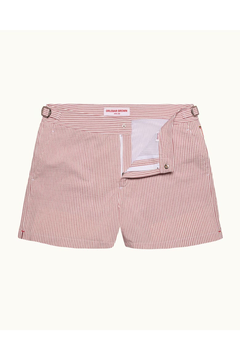 Setter Seersucker Stripe Shorter-Length Tailored-Fit Swim Shorts, Main, color, Vermillion/White Stripe