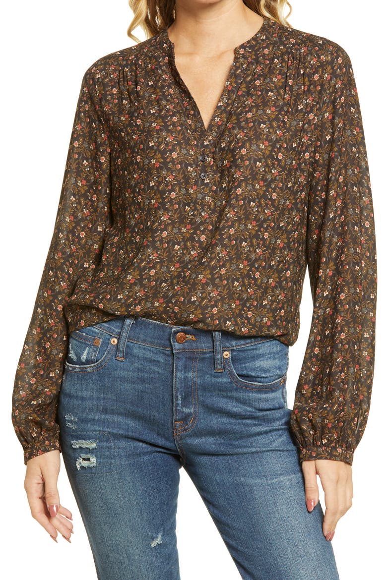 Shirred Popover Top, Main, color, BROWN GANACHE PINE FLORAL