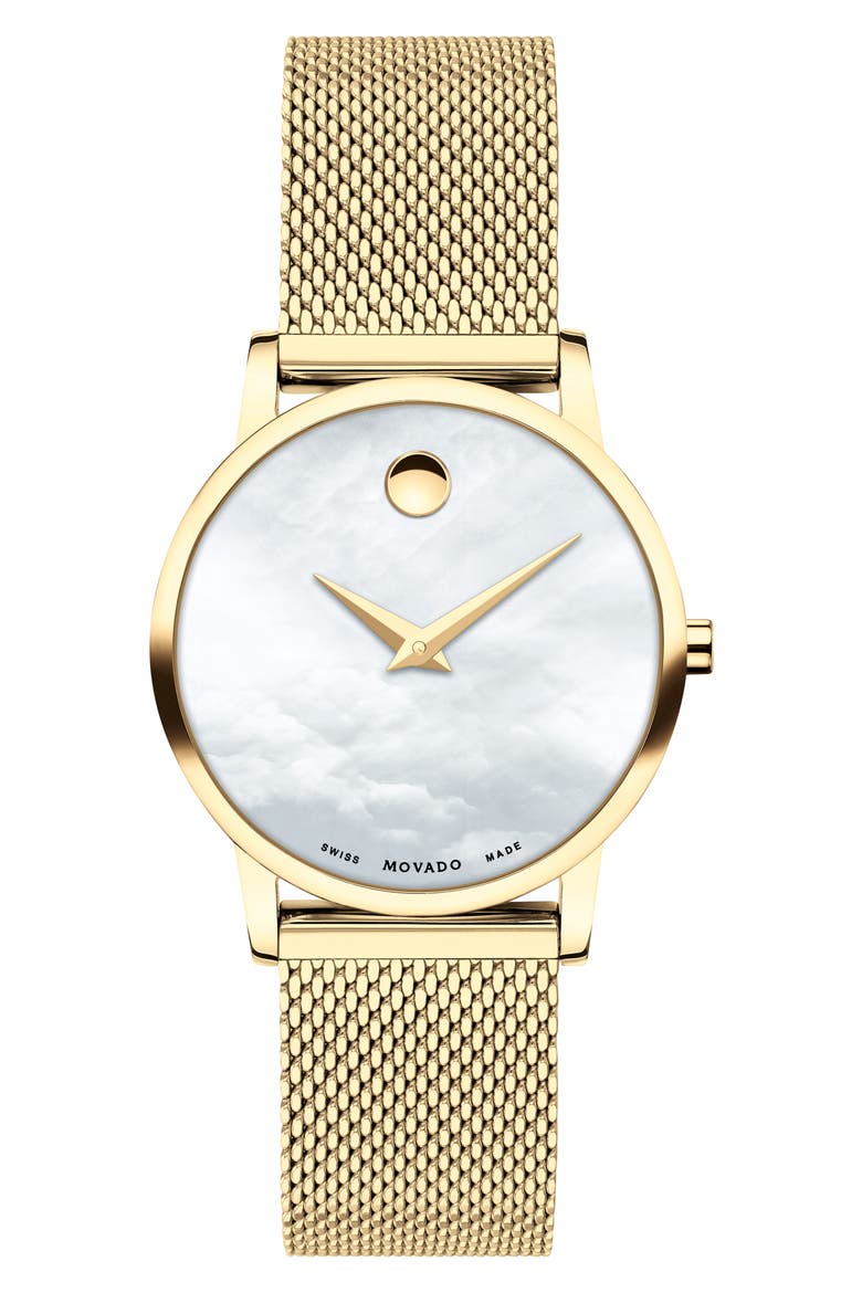 Museum Mesh Strap Watch, 28mm, Main, color, GOLD/ WHITE MOP/ GOLD