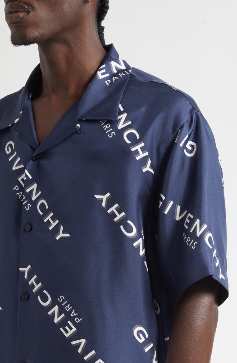 Givenchy Logo Print Silk Bowling Shirt, Alternate, color, Navy