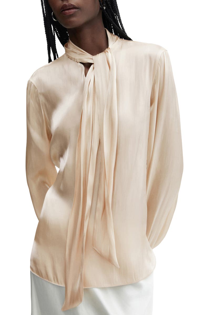 MANGO Tie Neck Satin Shirt, Main, color, 