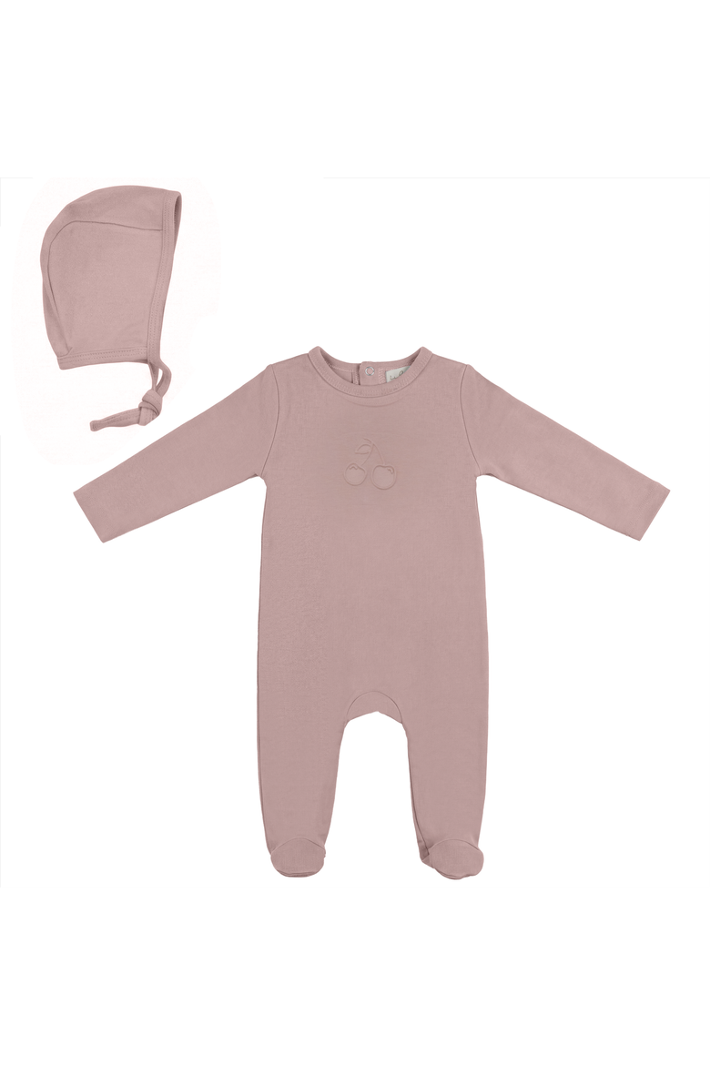 Embossed Cherry Footed Romper with Bonnet, Main, color, Light Maple