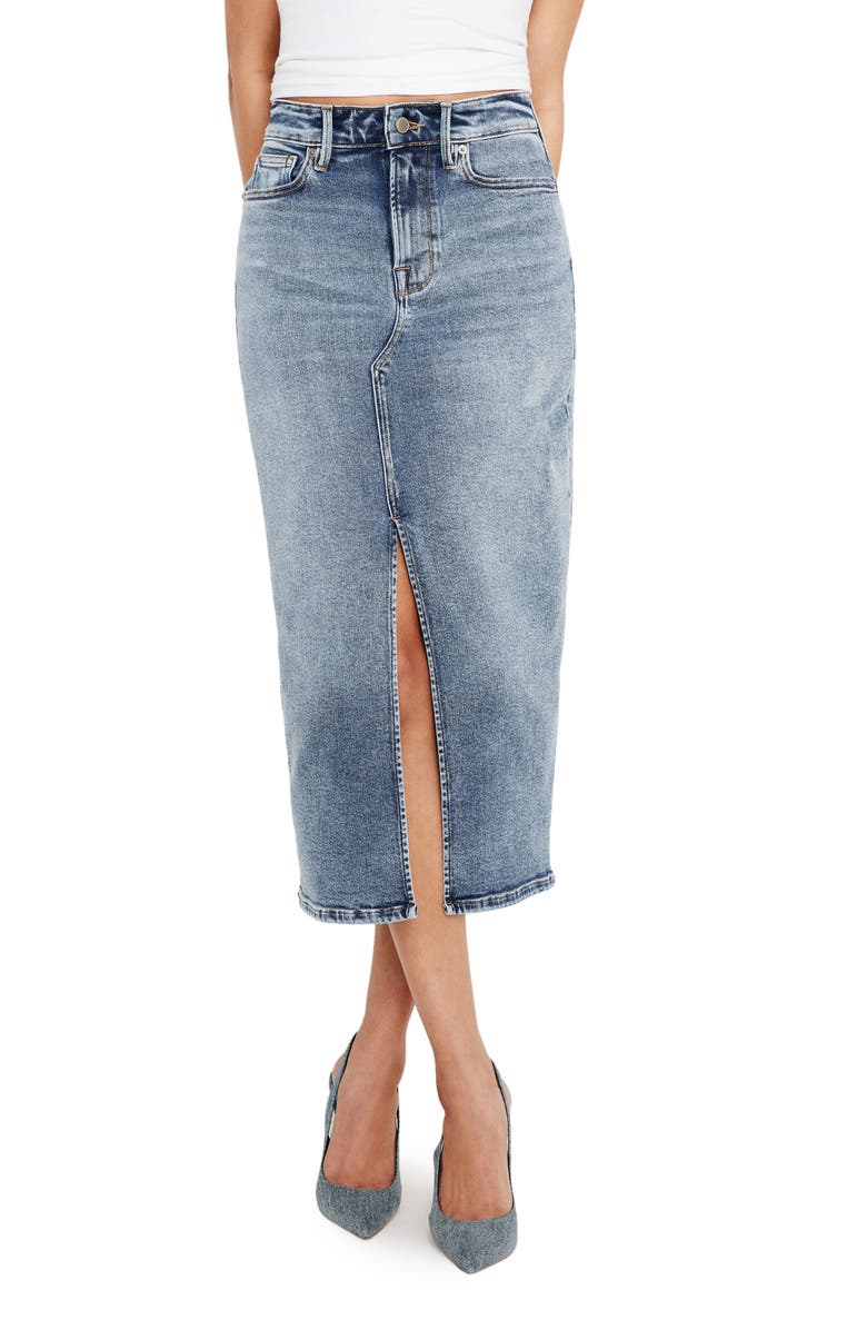 Good American Front Slit Denim Midi Skirt, Main, color, 