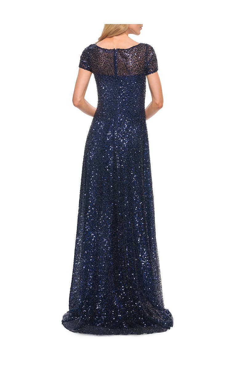 La Femme Stunning Beaded Gown with Short Sleeves, Alternate, color, Navy