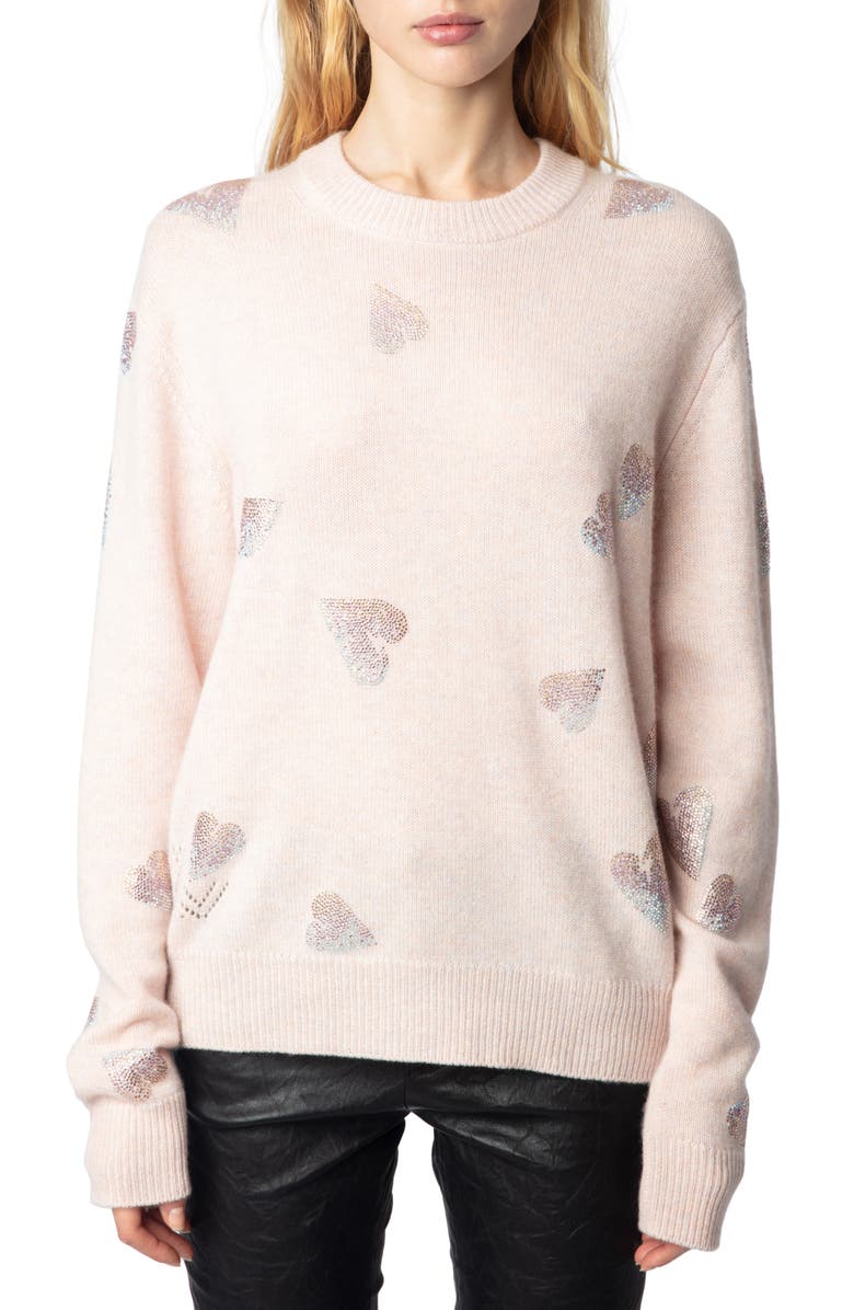 Zadig & Voltaire Beaded Heart Cashmere Sweater, Main, color, 
