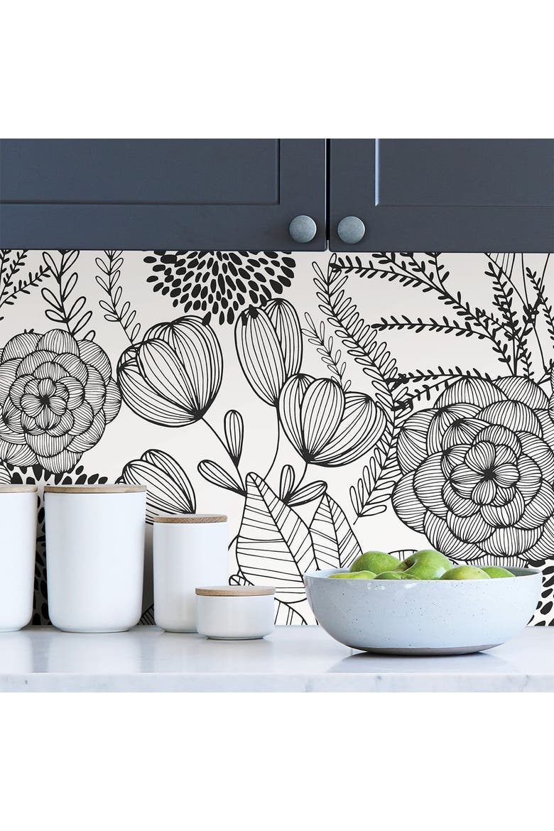 Black Secret Garden Peel & Stick Wallpaper, Alternate, color, BLACK