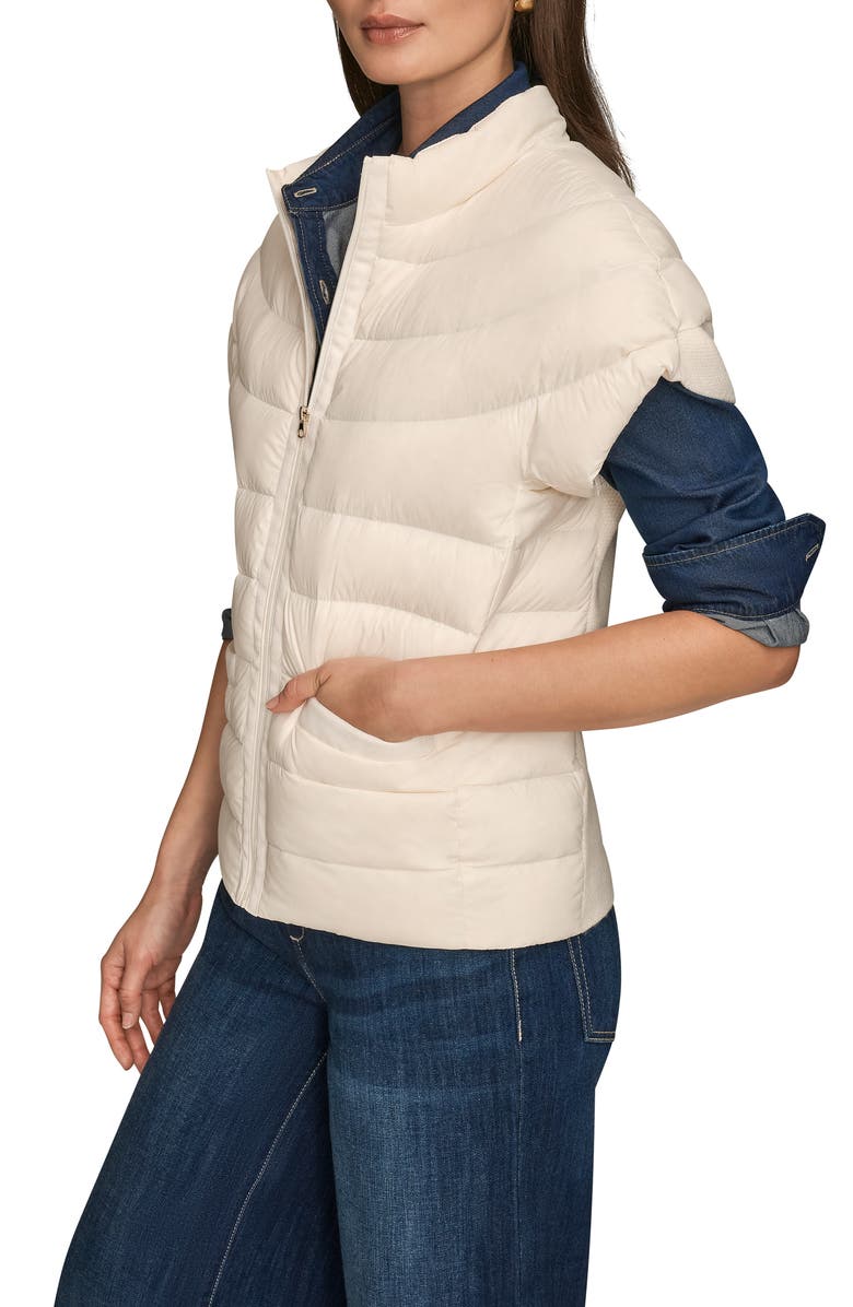 Donna Karan New York Cap Sleeve Mixed Media Down Jacket, Alternate, color, Cream