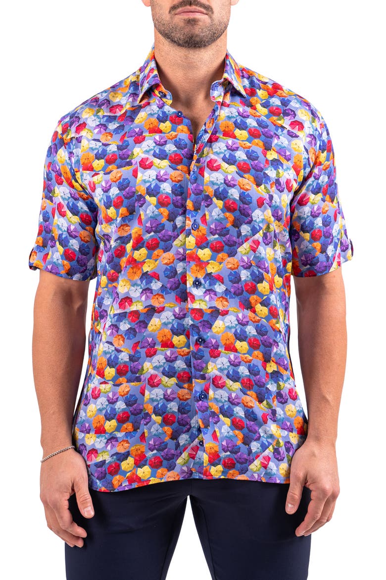 Galileo Resistance Umbrella Print Short Sleeve Button-Up Shirt, Main, color, BLUE