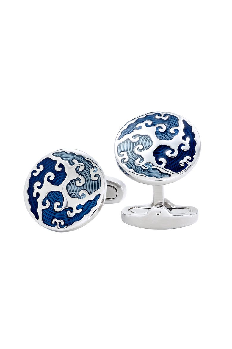 Round Cufflinks with Blue Enamel Wave Overlay, Main, color, Blue